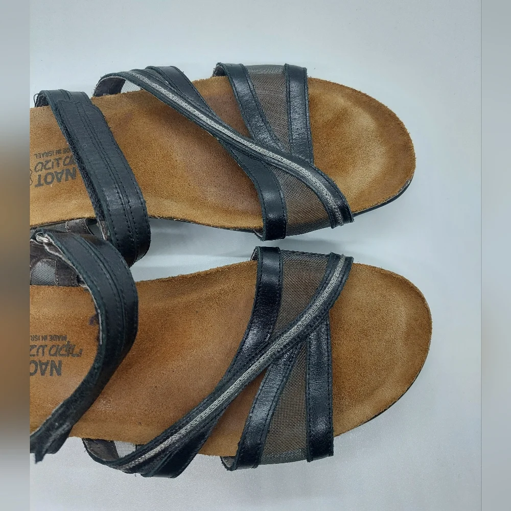 Naot Black Leather Mesh Strap Slide Sandals Women’s Size US10/10.5 41 L10